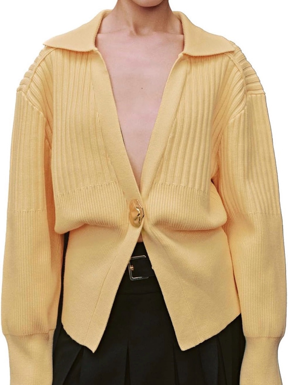 Women's Yellow V-Neck Ribbed Knit Cardigan with Single Loop Fastening